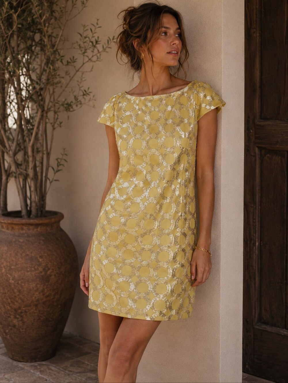 RED Valentino Yellow and Gold Brocade Shift Dress